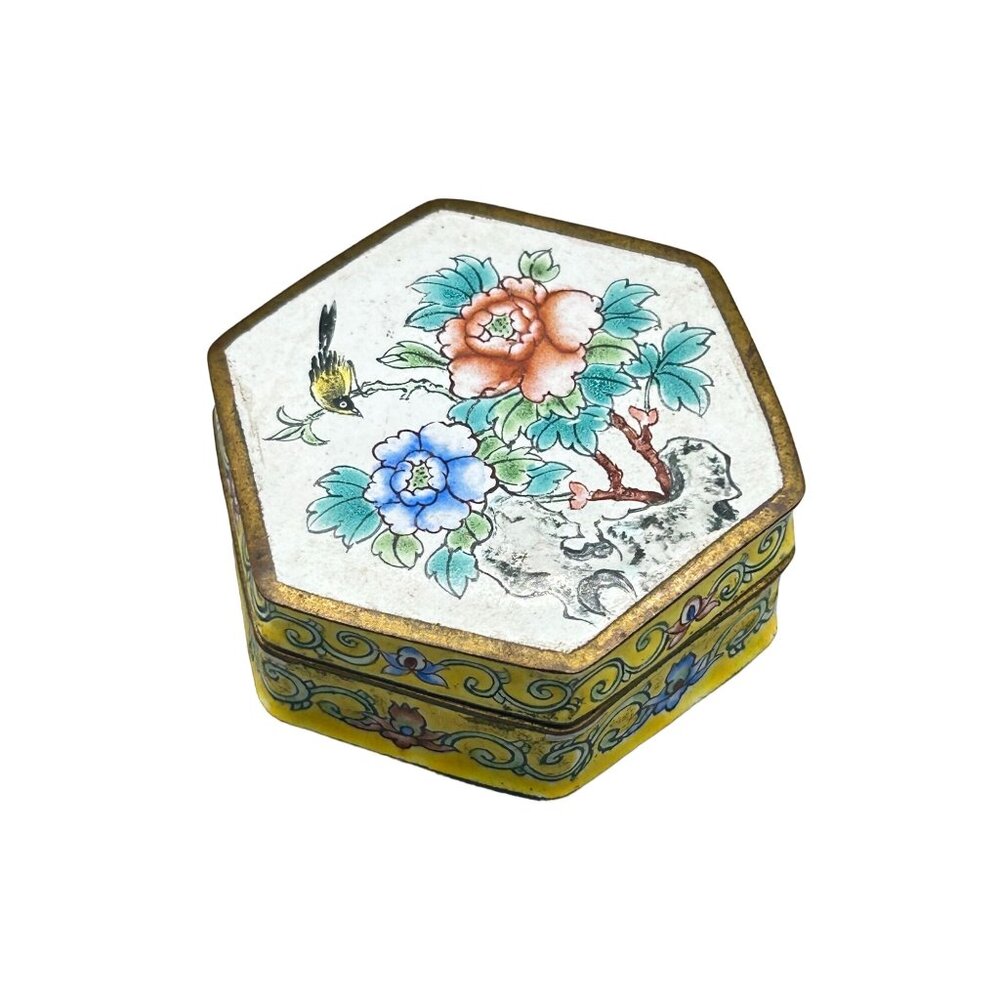 Vintage Antique Hexagon Chinese Enamel Trinket Box Yellow Flowers and Bird